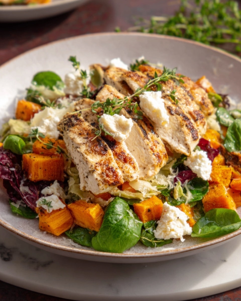 A white plate holds a colorful layered salad arranged in three main layers: the base is made of mixed greens with bright green leaves, the middle layer has cubed orange roasted vegetables, and the top layer features grilled chicken breast slices with a golden-brown crust, garnished with small white dollops of cheese and sprigs of fresh herbs. The dish is set on a white marbled surface and the light highlights the moist texture of the chicken and the freshness of the vegetables. Photo taken with an iphone --ar 4:5 --v 7