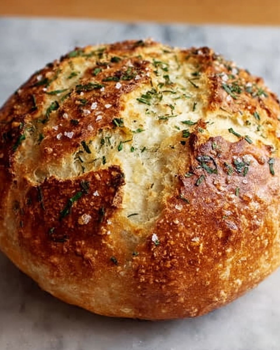 A round, golden brown bread loaf with a rough, cracked top showing soft, light yellow inside layers underneath. The crust is sprinkled with small green herb bits all over, adding texture and color, and the bread is sitting on a white marbled surface. Photo taken with an iphone --ar 4:5 --v 7