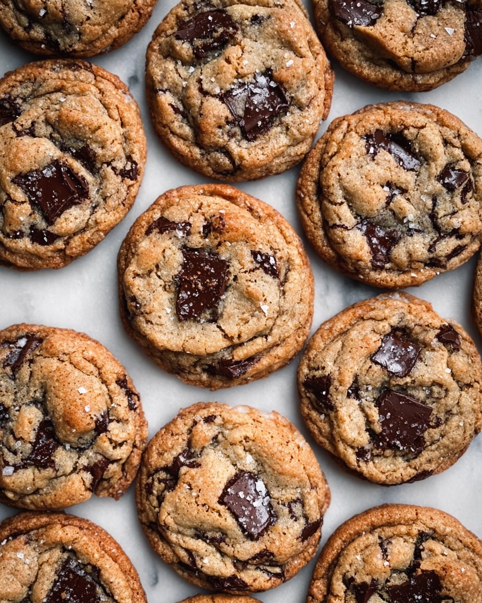 The image shows a close-up view of several chocolate chip cookies arranged closely on a white marbled surface. Each cookie has a golden-brown color with darker brown edges, and they are studded with large, melted dark chocolate chunks and small bits. The cookies have a slightly cracked and textured top with a soft, chewy appearance. Sprinkles of flaky sea salt are visible on the surface of some cookies, adding texture and contrast. The cookies overlap slightly, filling the frame with their warm tones and rough shapes. photo taken with an iphone --ar 4:5 --v 7