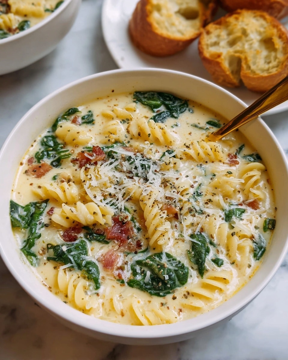 A white bowl filled with creamy soup containing pale yellow spiral pasta as the main layer, mixed with green spinach leaves scattered evenly throughout. Small bits of reddish-brown bacon pieces are visible near the bottom layer, partially covered by the creamy broth. The soup is topped with a sprinkling of finely grated white cheese and black pepper flakes spread across the surface. A golden spoon rests inside the bowl on the right side. In the background, two pieces of golden brown bread are placed on a white plate, all set on a white marbled surface. Photo taken with an iphone --ar 4:5 --v 7