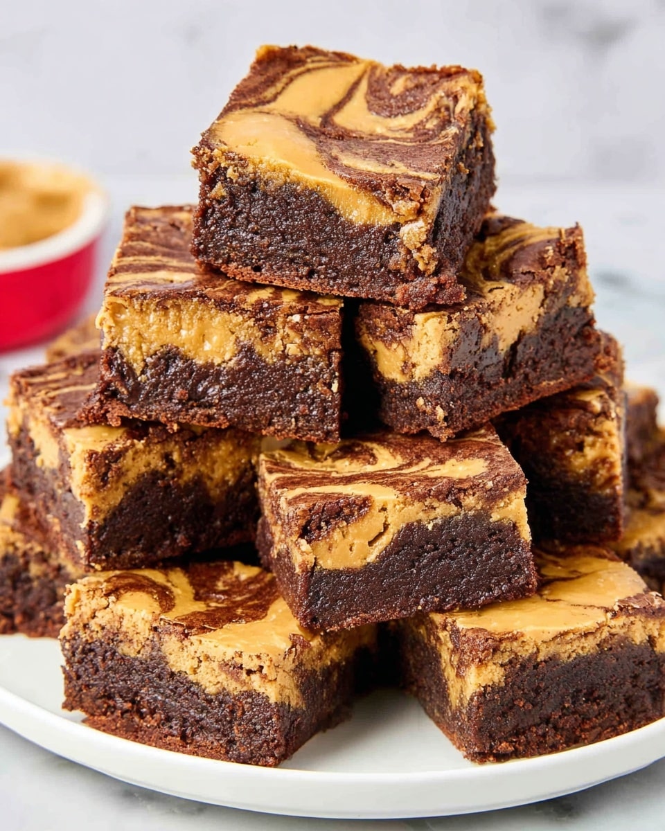 A stack of nine square brownie bars is arranged on a white plate sitting on a white marbled surface. Each brownie has two distinct layers: a thick, dark brown, fudgy chocolate base with a soft and moist texture, and a swirled golden caramel or peanut butter layer on top. The caramel layer shows fluid, wavy patterns blending into the chocolate layer below. The edges of the brownies look slightly crisp, contrasting with their dense center. The brownies are piled in a pyramid shape with the top brownie placed slightly off-center. Photo taken with an iphone --ar 4:5 --v 7