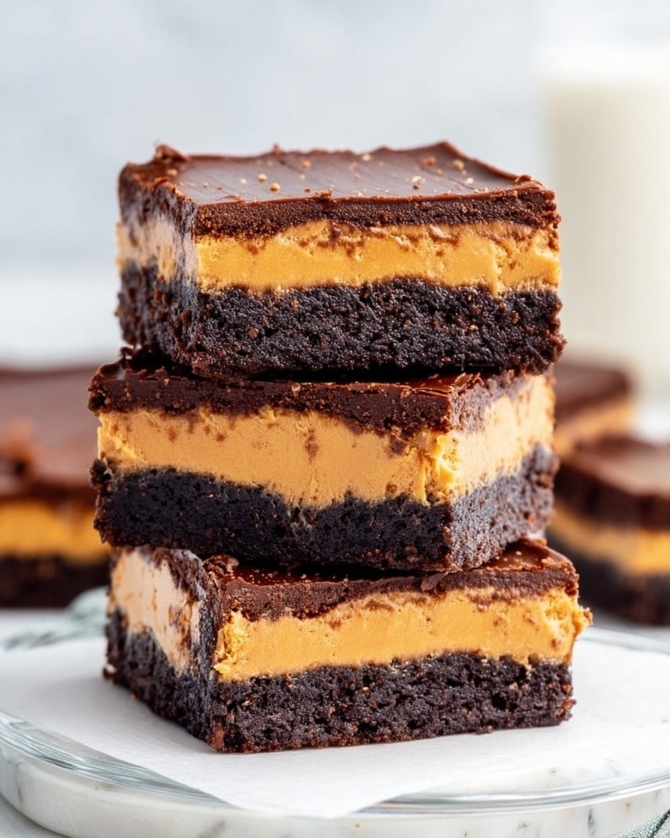 The image shows three square brownie bars stacked on a clear glass plate on a white marbled surface. Each bar has three distinct layers: a dark chocolate brownie layer at the bottom, a thick creamy peanut butter layer in the middle with a light orange-brown color, and a smooth dark chocolate layer on top. The texture of the brownie layers looks fudgy and dense, while the peanut butter layer is smooth but firm. The top chocolate layer has a shiny, slightly glossy finish. In the background, there is a blurred white cup or glass. The photo taken with an iphone --ar 4:5 --v 7