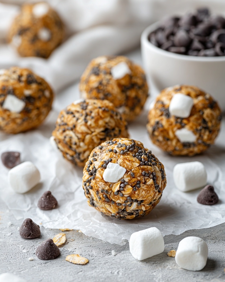 The image shows round energy balls made of oats, dark chocolate chips, small white marshmallows, and chia seeds. Each ball is a mix of light brown oats with black chia seeds and dark brown chocolate chips scattered throughout. The energy balls have a rough, slightly sticky texture and are placed on white parchment paper. Near them, small white mini marshmallows and dark chocolate chips are spread out. In the background, there is a white bowl filled with more dark chocolate chips, all set on a white marbled surface. photo taken with an iphone --ar 4:5 --v 7