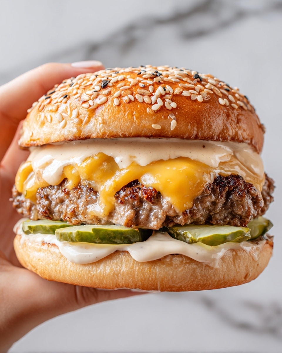 The image shows a close-up of a juicy cheeseburger with three visible layers. The bottom layer is a white bun slice covered with green pickle slices. Above that is a thick, well-cooked beef patty with melted orange cheese on top, followed by a creamy, light brown sauce spread on the inside of the top white bun slice sprinkled with sesame seeds. All layers look fresh and glossy, and a woman's hand is holding the burger from the side. The background has a white marbled texture. Photo taken with an iphone --ar 4:5 --v 7