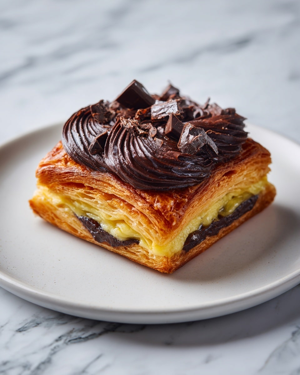 A square piece of braided pastry sits on a round white plate, placed on a white marbled surface. The pastry has three visible layers: the outer layer is golden brown and shiny with a braided texture, the middle layer is creamy yellow custard that looks soft and smooth, and the top layer is covered with small dark brown chocolate chips scattered unevenly, adding texture and color contrast. The pastry edges are slightly puffed and crisp, showing a mix of flaky and soft parts. Photo taken with an iphone --ar 4:5 --v 7