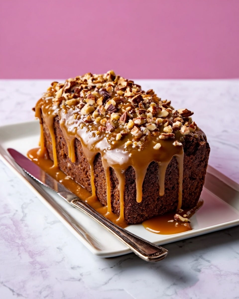 A small dark brown loaf cake on a white rectangular plate with a silver knife beside it. The top of the cake is thickly covered with a glossy caramel sauce that drips down the sides, and sprinkled with chopped nuts, adding texture and a light brown color contrast. The background is a smooth white marbled surface with a soft pink backdrop behind the plate. photo taken with an iphone --ar 4:5 --v 7