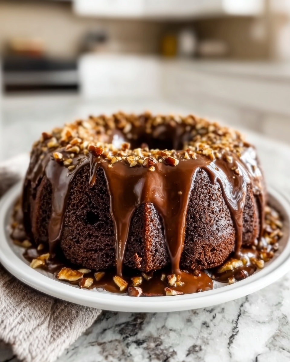 A tall chocolate bundt cake sits on a white plate placed on a white marbled surface. The cake has a rich, dark brown color with a thick, shiny chocolate glaze dripping down the sides. On top, there are small nuts sprinkled evenly, adding texture and contrast. The glaze looks smooth and glossy, while the cake itself appears moist and dense. The white plate and the bright kitchen background create a clean and fresh look around the dessert. Photo taken with an iphone --ar 4:5 --v 7