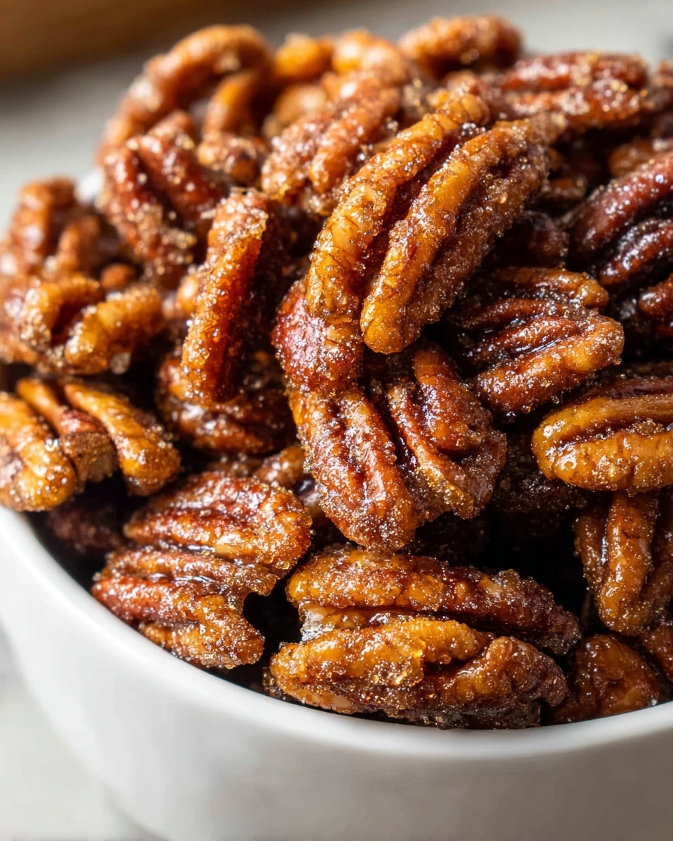 A close-up view of a white bowl filled with glossy, caramelized pecans coated in layers of glistening brown sugar crystals, showing a mix of smooth and ridged textures on each nut's surface. The pecans are piled high, creating a rich, bumpy mound that fills the frame, with some nuts slightly darker and others lighter, highlighting the sugar coating's rough sparkle. The bowl sits on a white marbled surface, adding a clean background contrast to the warm, textured pecans. Photo taken with an iphone --ar 4:5 --v 7