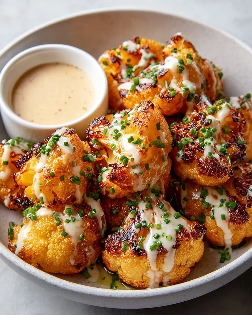 A white bowl filled with about ten golden-brown roasted cauliflower pieces, each showing slightly charred edges and topped with evenly drizzled creamy white sauce and sprinkled with finely chopped green herbs, possibly chives. At the back edge of the bowl is a small white sauce cup filled with a beige creamy dipping sauce. The bowl sits on a surface with a white marbled texture. photo taken with an iphone --ar 4:5 --v 7