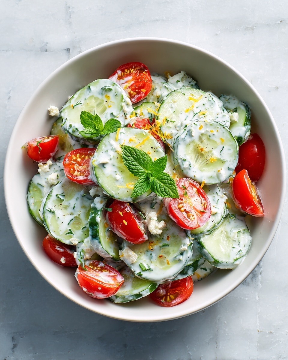 A white bowl filled with fresh salad shows several layers: the bottom layer of thin, round cucumber slices with green edges and light green centers, topped with halved red cherry tomatoes. On top of the vegetables, there are dollops of creamy white dressing mixed with small green herbs, scattered light yellow cheese shavings, and a few soft white cheese chunks. A small sprig of fresh green mint leaves is placed at the center as garnish. The bowl is set on a wooden surface with a white marbled background. photo taken with an iphone --ar 4:5 --v 7