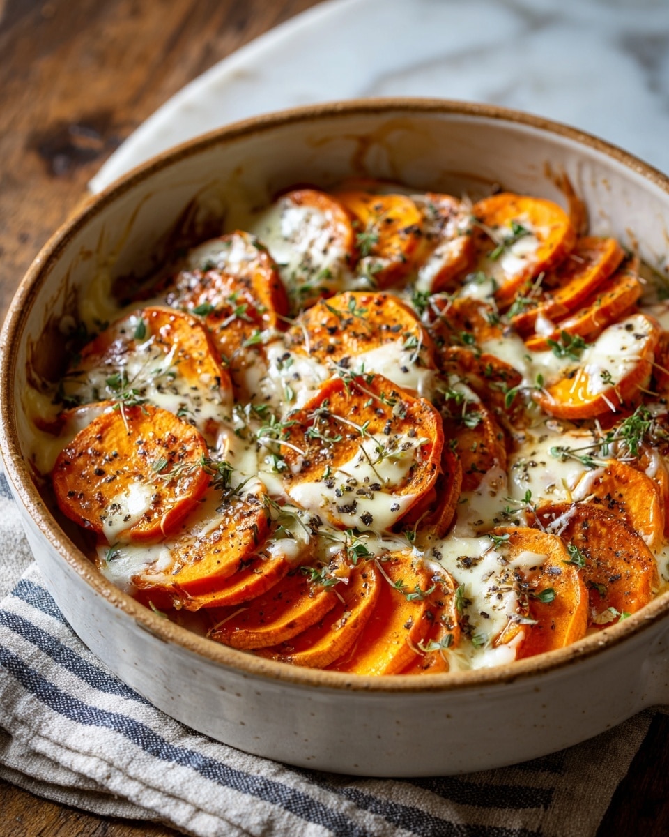 A round white ceramic dish filled with two layers of thick orange sweet potato slices, arranged closely in a circular pattern, topped with white melted cheese drizzled generously over the top. The dish is sprinkled with small green herb pieces and some black pepper, adding color contrast to the warm orange and creamy white tones. The dish sits on a striped cloth on a wooden table, with a white marbled texture in the background. Photo taken with an iphone --ar 4:5 --v 7