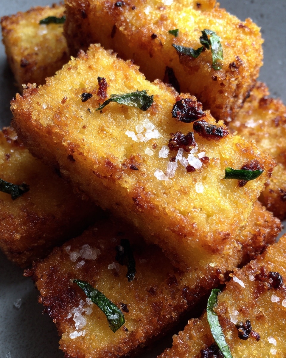 A close-up view of several golden-brown, crispy rectangular pieces of fried food, stacked closely together. Each piece has a crunchy breadcrumb coating with some dark browned spots from frying, sprinkled with coarse white salt and small green herb flakes on top. The background is softly blurred, showing more of the same fried pieces, all placed on a white marbled surface. Photo taken with an iphone --ar 4:5 --v 7