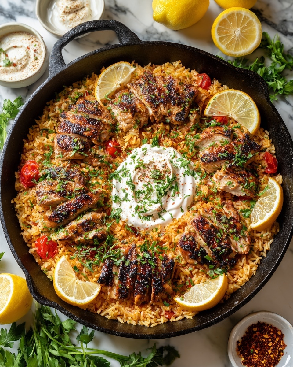 A black cast iron pan holds one layer of cooked yellow-orange rice mixed with small red pieces, garnished with green chopped herbs scattered all over. On top, there are chunks of browned grilled chicken in a circular pattern, each piece showing a crispy texture. Wedges of bright yellow lemon are placed evenly around the chicken, adding contrast. In the center, a dollop of white creamy sauce is sprinkled with green herbs and black pepper. The pan rests on a white marbled surface with green leaves and cut lemons around it. A small white bowl of cream with green herbs and a white bowl of crushed red spice sit nearby. Photo taken with an iphone --ar 4:5 --v 7
