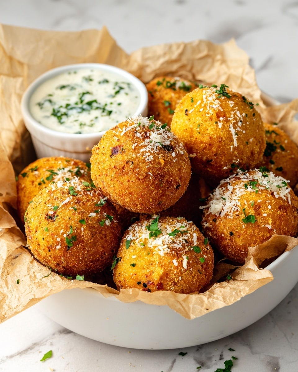 The image shows a white bowl lined with light brown parchment paper filled with round, golden-brown fried balls that look crispy and shiny. The balls are sprinkled with small pieces of green herbs and a light dusting of white grated cheese on top. Next to the balls, inside the bowl, is a small white cup filled with a creamy, light beige sauce, also sprinkled with some green herbs. The bowl sits on a white marbled surface. photo taken with an iphone --ar 4:5 --v 7