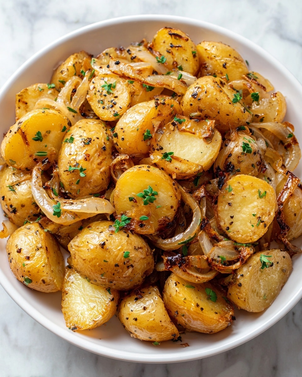 The image shows a white bowl filled with golden roasted potato halves that have a slightly crispy skin and soft interior. The potatoes are mixed with sautéed onion slices that look tender and caramelized, and the dish is sprinkled with small green herb leaves, likely thyme, evenly spread on top. The potatoes have a light coating of oil with visible black pepper and seasoning flecks, creating a textured, glossy surface. The bowl is placed on a white marbled surface. photo taken with an iphone --ar 4:5 --v 7