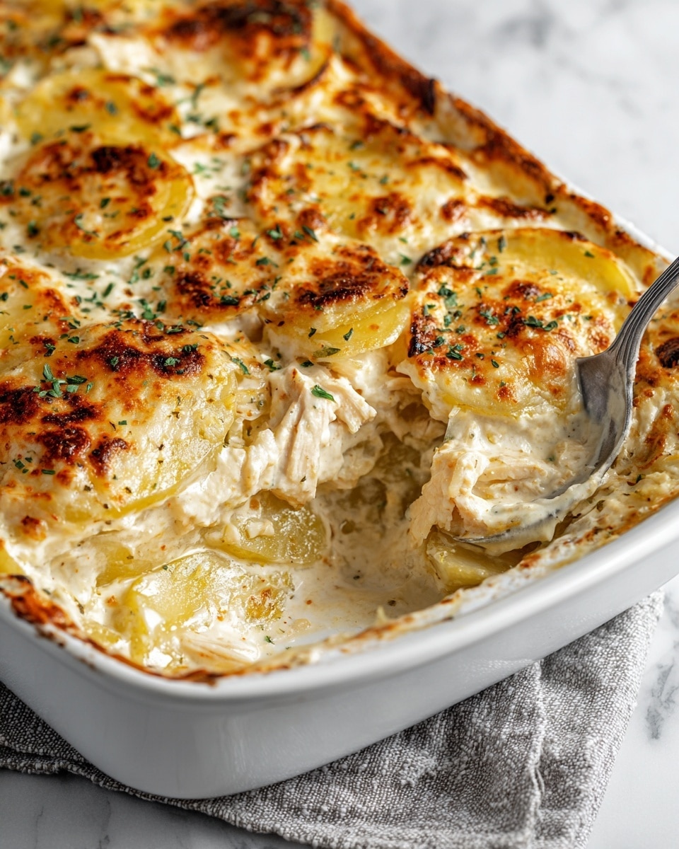 A close-up view of a baked casserole in a white dish on a white marbled surface, showing multiple layers including a golden brown melted cheese layer on top sprinkled with small green herbs. Underneath the cheese, there are creamy white sauce layers seamlessly covering slices of pale yellow potatoes mixed with shredded white chicken, all visible where a spoon has scooped some out from one corner. The edges of the dish are clean and a textured grey cloth is placed alongside it. Photo taken with an iphone --ar 4:5 --v 7