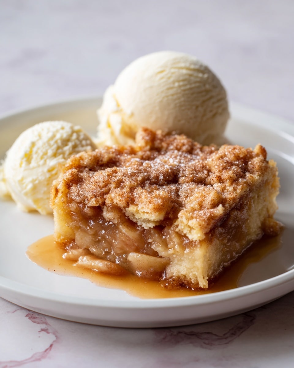 A close-up of a white plate shows a single square piece of warm apple cobbler with a golden brown, crumbly top layer covered in cinnamon sugar crystals. Below this textured crust is a soft, moist layer of lightly baked dough soaked in thick, sticky syrup that has pooled around the edges. To the left of the cobbler, there is a round scoop of creamy vanilla ice cream with a smooth and slightly melting surface. The plate sits on a white marbled texture surface. photo taken with an iphone --ar 4:5 --v 7