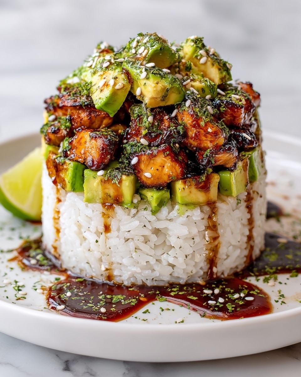 A stack of three layers sits on a white plate on a white marbled surface. The bottom layer is a thick, compact mound of white rice with a soft texture. The middle layer is made of small, bright green avocado cubes mixed with chunks of grilled, caramelized chicken that have a golden brown and slightly charred surface. The top layer consists of more caramelized chicken pieces and sliced avocado, sprinkled with white sesame seeds and finely chopped green herbs. A dark brown sauce is drizzled from the top, pooling around the base of the stack on the plate. A lime wedge is partially visible on the side. photo taken with an iphone --ar 4:5 --v 7