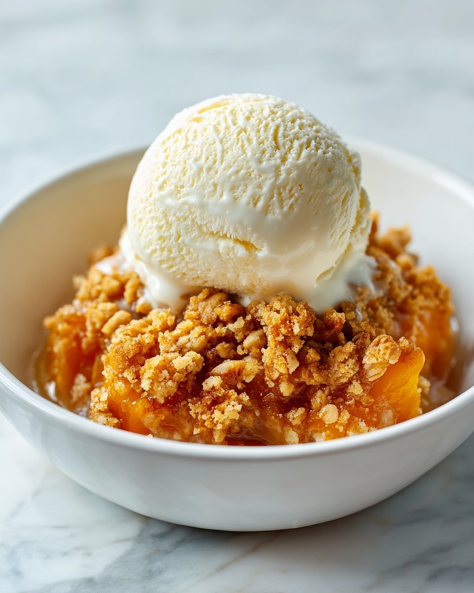 A close-up view of a dessert in a white bowl set on a white marbled surface, showing a thick layer of crumbly, golden-brown streusel topping with a coarse texture, beneath which is a softer, slightly moist layer of orange pumpkin filling. On top of the dessert sits a single large scoop of smooth, creamy vanilla ice cream, slightly melting around the edges. The colors range from warm brown and orange tones of the crumble and filling to the pale off-white of the ice cream. photo taken with an iphone --ar 4:5 --v 7
