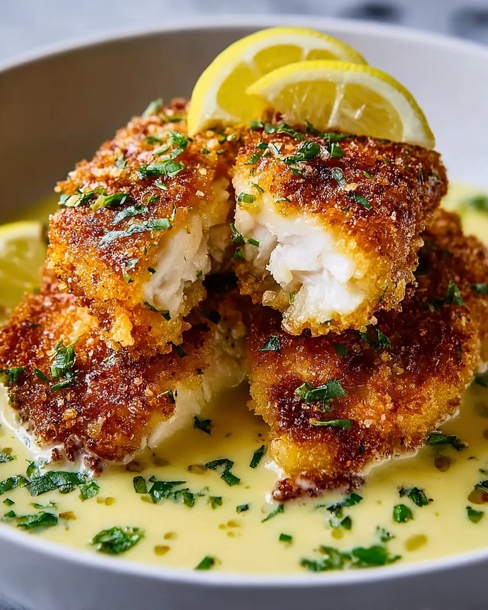 A close-up view of three crispy, golden-brown breaded chicken pieces stacked together in a white bowl filled with creamy light yellow sauce at the bottom, garnished with small chopped green herbs scattered on top and in the sauce. One chicken piece is broken, showing the white, juicy inside. Two thin lemon slices are placed behind the chicken, adding a bright yellow color contrast. The whole dish rests on a white marbled surface. Photo taken with an iphone --ar 4:5 --v 7
