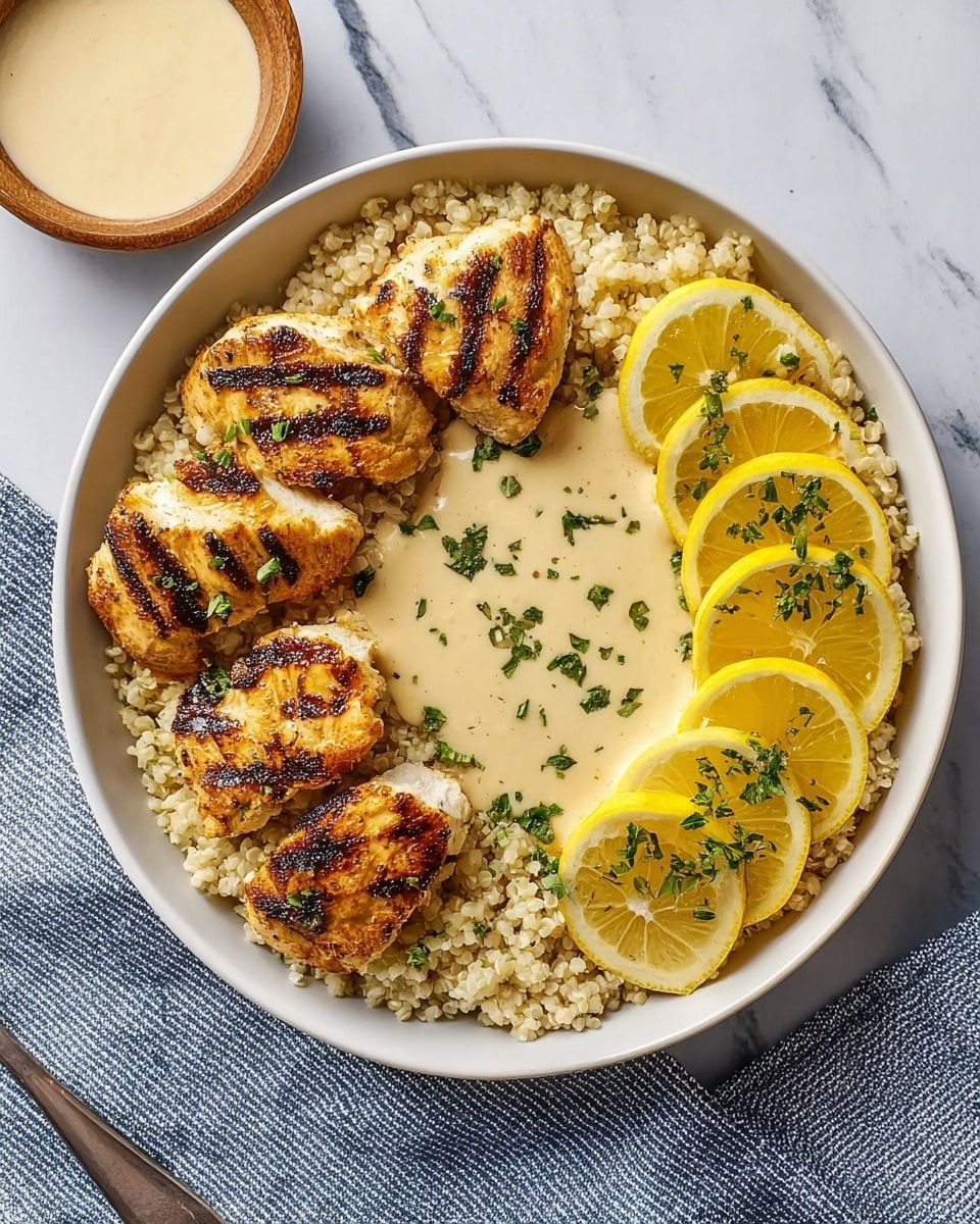 A bowl filled with three main layers, starting with a base layer of light beige cooked grains that look fluffy and slightly crumbly. On top of this base, there are several pieces of grilled chicken that are golden brown with distinct dark grill marks, arranged on one side of the bowl. Next to the chicken, there is a smooth, creamy sauce with a light beige color, topped with small green herb pieces, partially covering both the chicken and part of the grains. On the right side of the bowl, there is a neat row of thin lemon slices with bright yellow peel and pale yellow pulp, sprinkled with green herbs. The bowl itself is white, set on a white marbled surface with a blue and white striped cloth partially visible beneath it. A small bowl of the same creamy sauce is seen in the corner of the image. Photo taken with an iphone --ar 4:5 --v 7