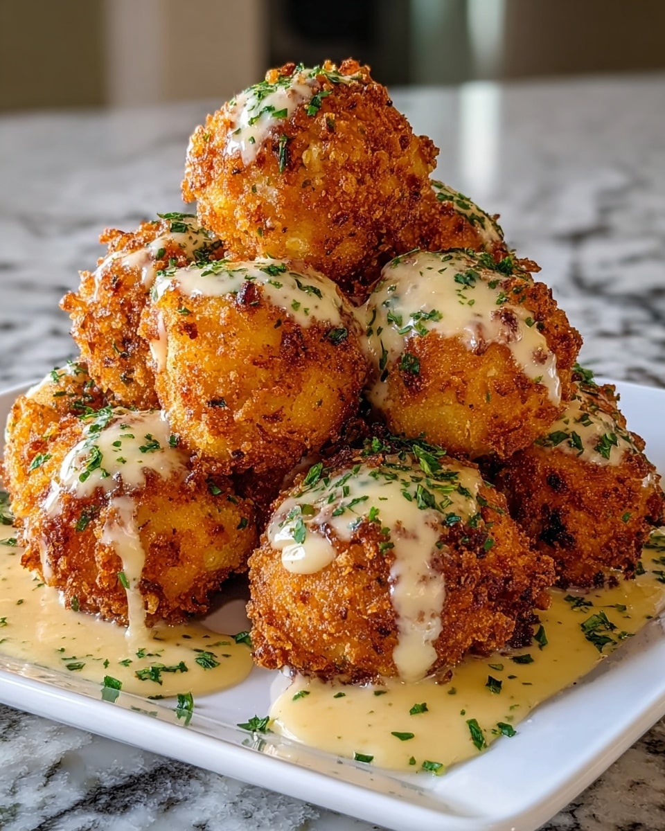 A white square plate holds a tall pile of golden brown, crispy fried balls with a rough texture. They are generously covered with a light cream-colored sauce that has a smooth and slightly runny consistency, pooling a bit at the base. Small green herb pieces are sprinkled on top and around the balls, adding contrast against the warm fried color and creamy sauce. The background shows a white marbled texture surface. photo taken with an iphone --ar 4:5 --v 7