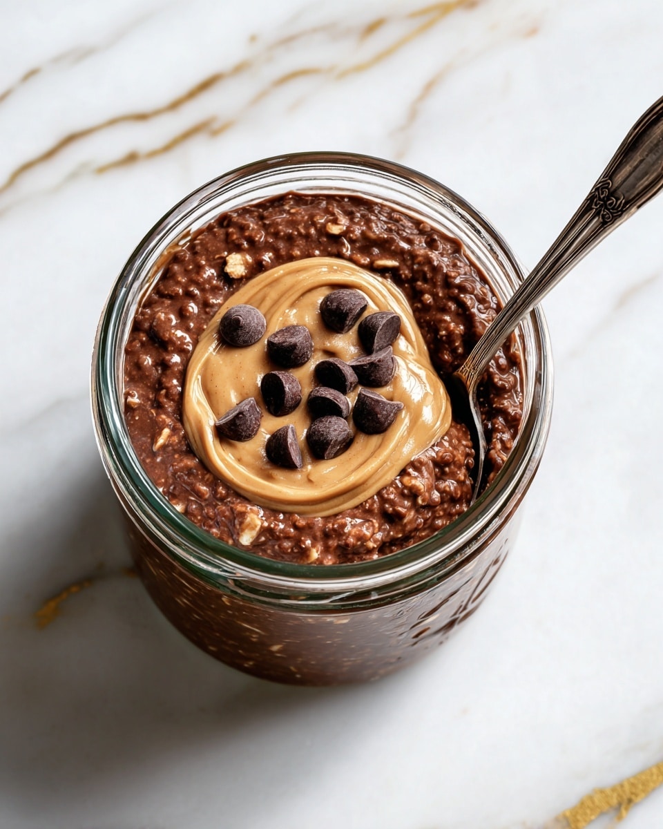 A clear glass jar filled with a thick, creamy chocolate mixture that looks rich and slightly textured, likely oatmeal or pudding, topped with a light brown swirl of peanut butter in the center. Six dark chocolate chips are placed evenly around and inside the peanut butter swirl on the surface. A silver spoon is inserted into the jar, leaning against the rim. The jar is placed on a white marbled surface with gold veins visible, giving a clean and elegant look. photo taken with an iphone --ar 4:5 --v 7