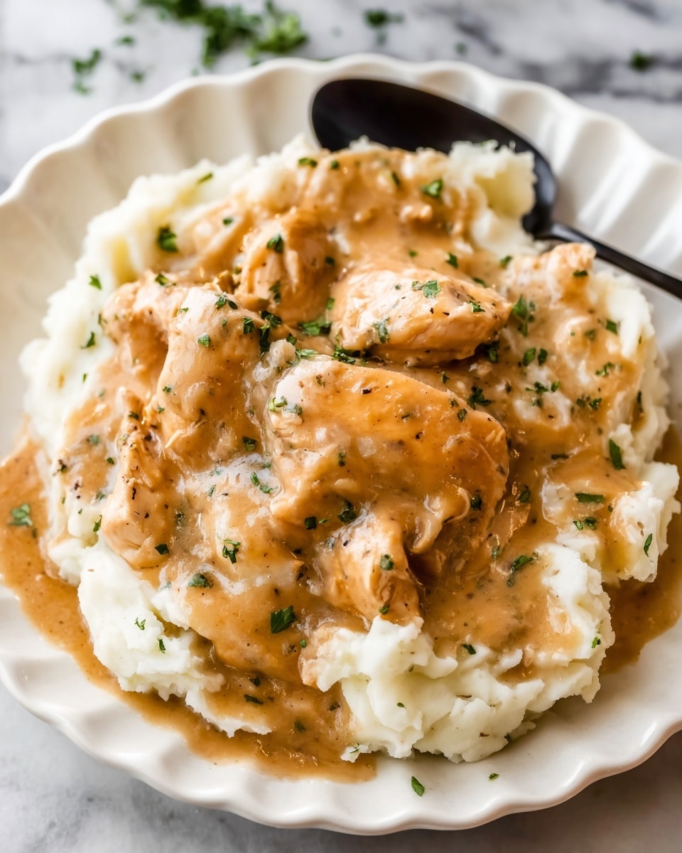 The dish shows a white scalloped plate with a base layer of creamy white mashed potatoes, soft and smooth in texture. On top, there are several pieces of sliced chicken coated in a light brown gravy that looks thick and glossy. The chicken pieces have a tender and juicy appearance. Small green herb bits are sprinkled over the chicken, adding a fresh pop of color. A black utensil rests on the edge of the plate, all set against a white marbled surface. photo taken with an iphone --ar 4:5 --v 7