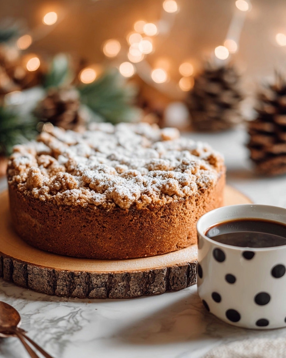 A round, thick crumb cake with a golden brown base and a textured crumb topping dusted with white powdered sugar. The cake sits on a rustic wood slice stand with bark edges. Next to it is a white mug with black polka dots filled with steaming dark coffee. The background has blurred pine cones and warm white fairy lights on a white marbled surface, giving a cozy, festive feel. photo taken with an iphone --ar 4:5 --v 7