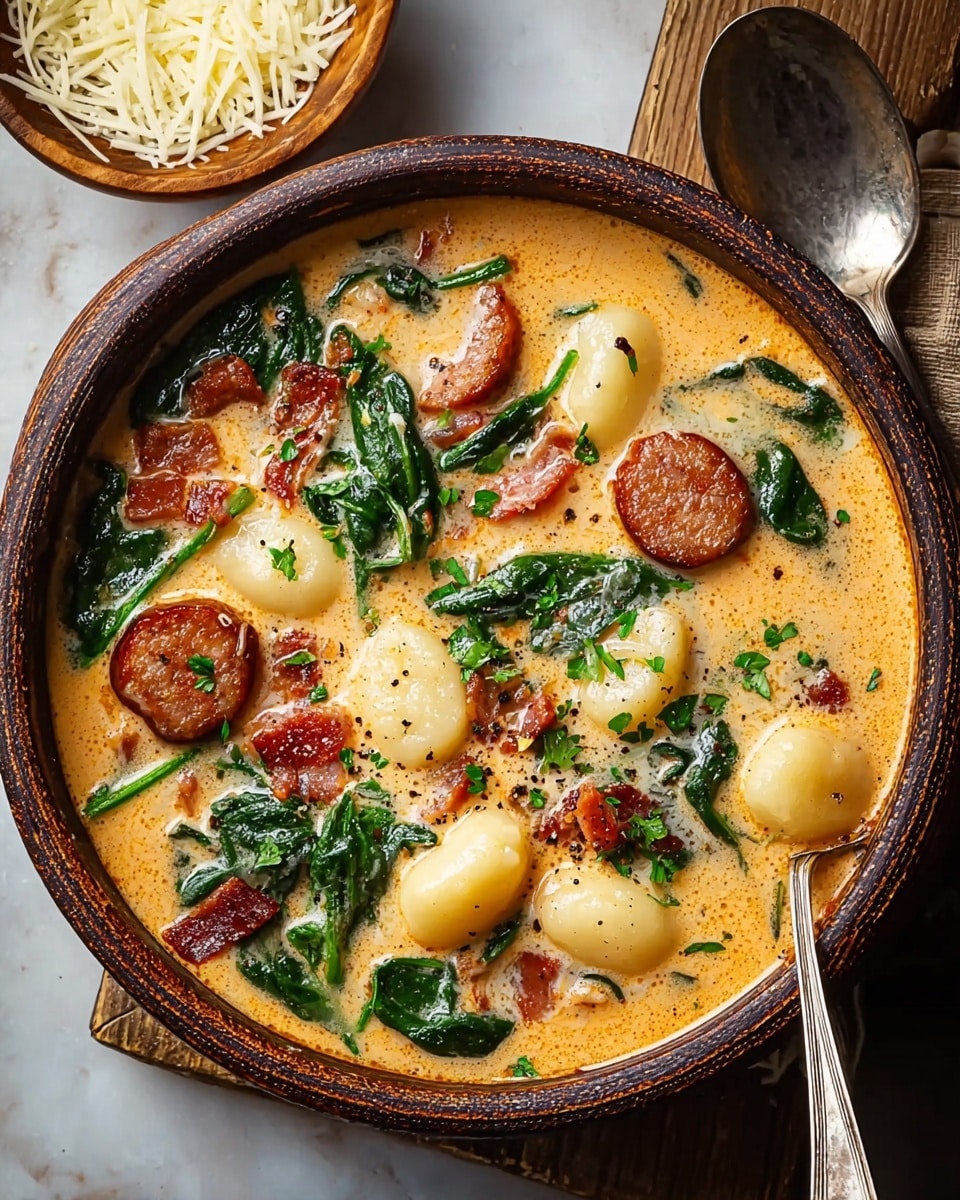 A deep round white ceramic bowl filled with creamy orange soup containing several plump, pale yellow gnocchi pieces scattered throughout. Floating in the soup are round slices of browned sausage, small crispy bacon bits with dark and light browns, and wilted dark green spinach leaves. The soup surface is slightly bubbly with specks of black pepper and chopped fresh green herbs sprinkled over the top. To the left of the bowl sits a small wooden bowl filled with pale yellow shredded cheese, and above the bowl rests a dark metal spoon on a white marbled surface. photo taken with an iphone --ar 4:5 --v 7