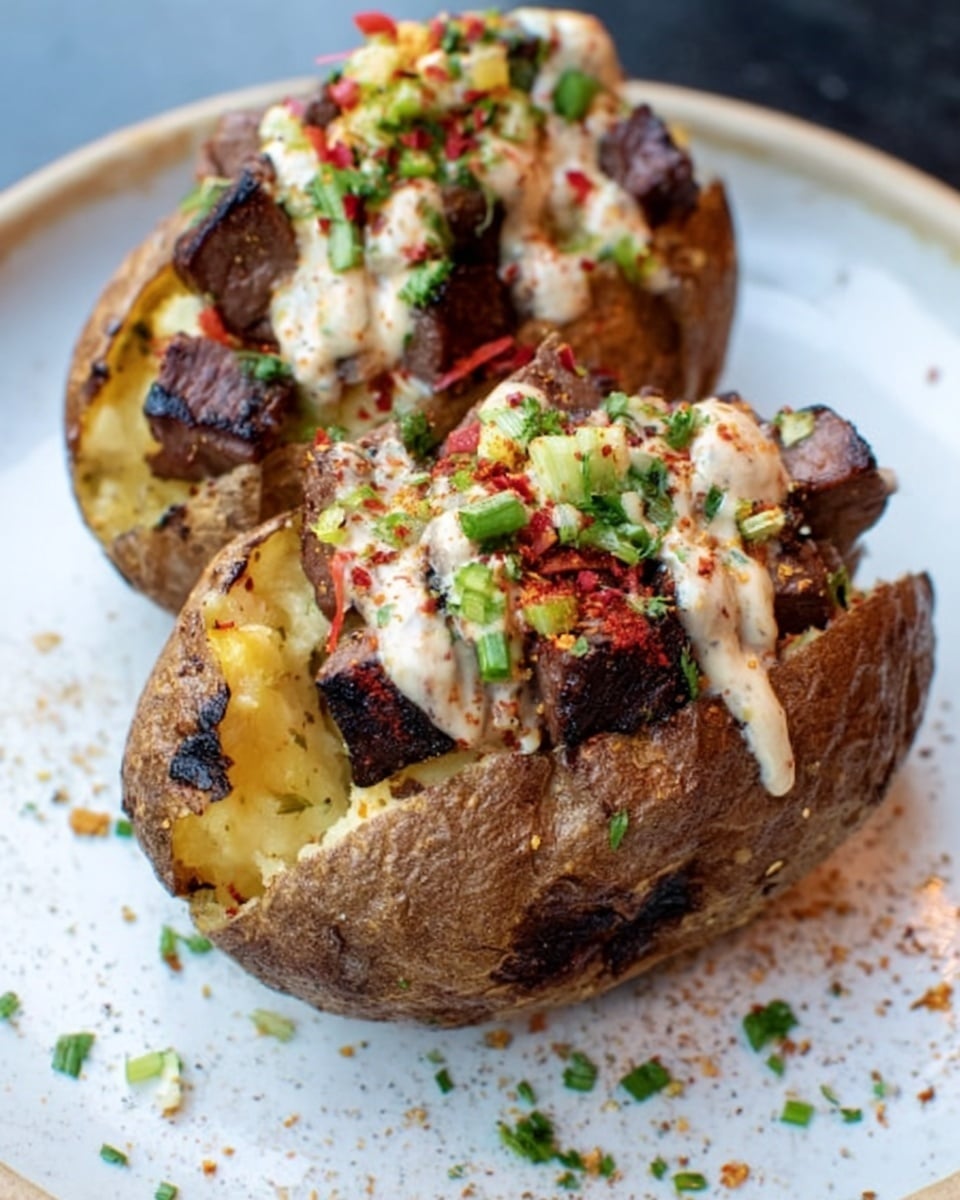 Two baked potatoes with crispy brown skin sit on a white plate over a white marbled surface. Each potato is split open revealing soft, fluffy yellow inside. On top, there are several dark brown grilled meat cubes with a slight char on the edges. A light beige creamy sauce is generously drizzled over the meat and potato, speckled with black pepper and red paprika. Chopped green herbs are scattered on top, adding a fresh touch. The overall look is hearty and rich. Photo taken with an iphone --ar 4:5 --v 7