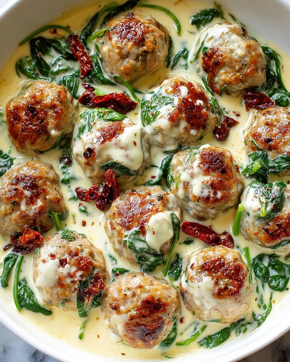 This image shows a close-up of a white bowl filled with round meatballs covered in creamy white sauce. There are about twelve meatballs arranged closely together, each browned on top with a slightly crispy look. The meatballs sit in a thick, light cream sauce that is mixed with green spinach leaves, adding dark leafy texture around and under the meatballs. Small pieces of dark red sun-dried tomatoes are scattered on top, offering a bright contrast to the creamy sauce and meatballs. The bowl is placed on a white marbled surface. photo taken with an iphone --ar 4:5 --v 7