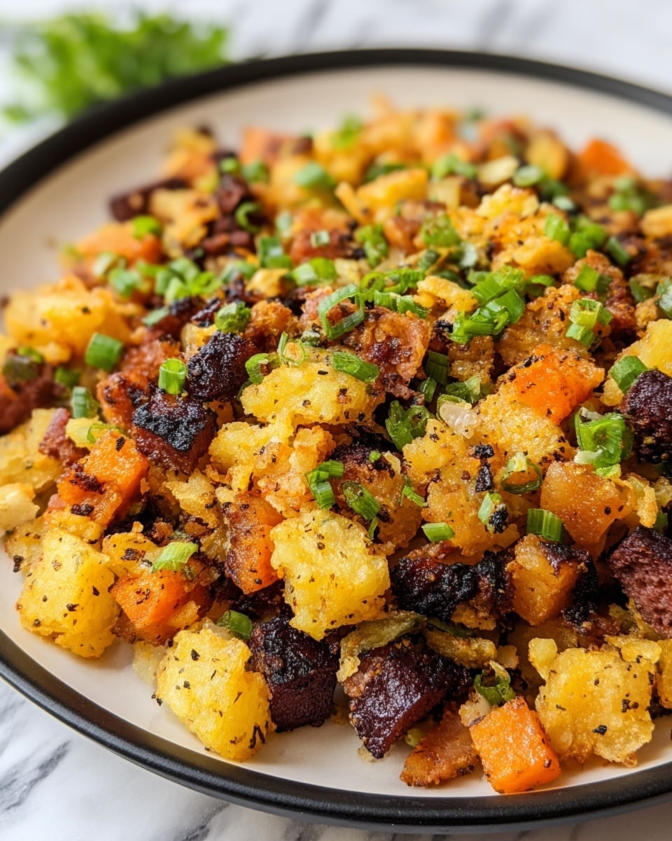 A close-up view of a single layer of a mixed hash dish on a white plate with a black rim, placed on a white marbled surface. The dish has small, unevenly cut cubes of golden-brown fried potatoes, dark brown chorizo or sausage pieces, and orange carrot chunks, all mixed together. The top is sprinkled with finely chopped green onions and fresh green herbs, adding bright green color spots. Bits of black pepper and seasoning are visible on the crispy textures of the fried ingredients. Photo taken with an iphone --ar 4:5 --v 7