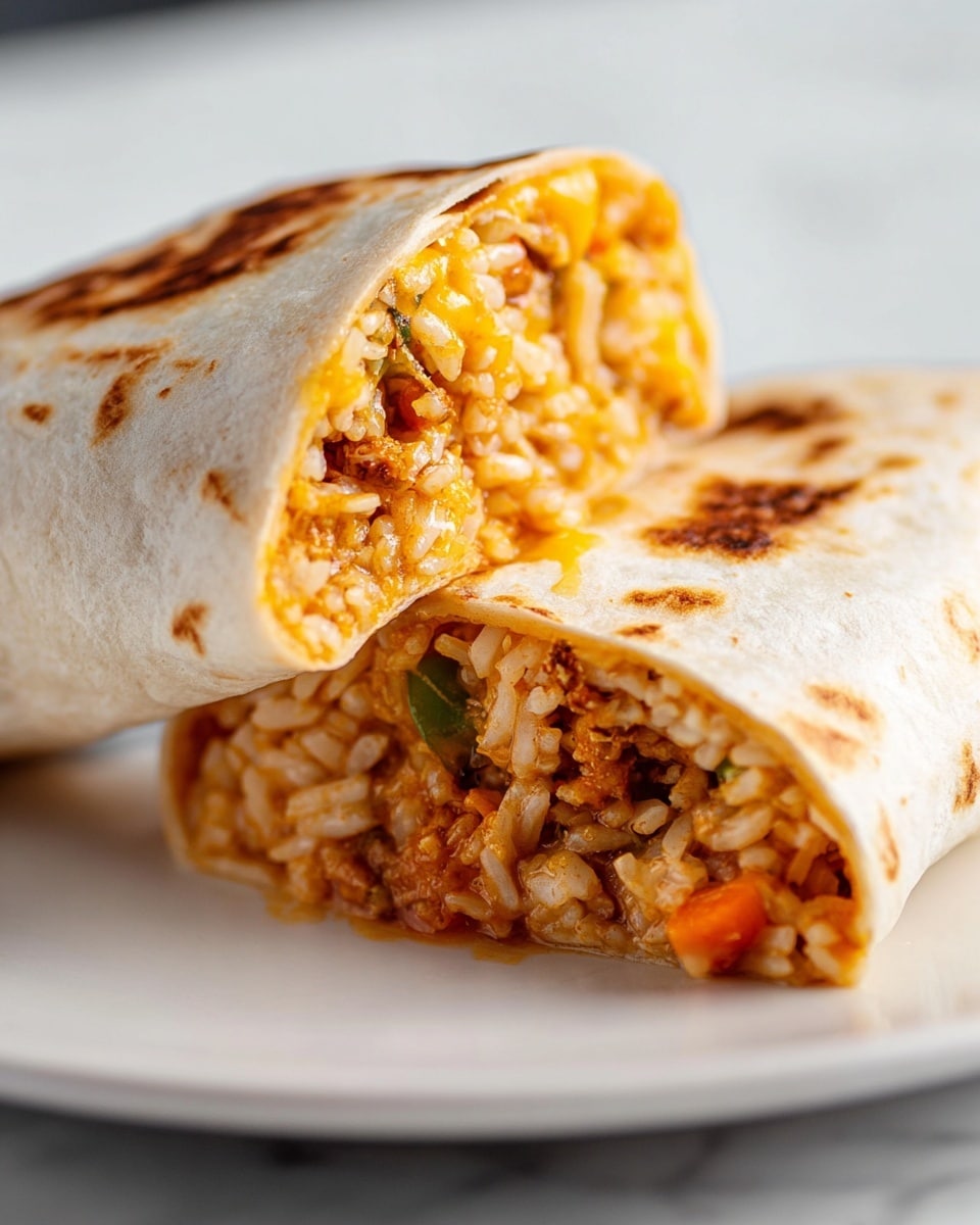 A close-up view of a burrito cut in half, placed on a white plate on a white marbled surface. The burrito has a light toasted soft tortilla with visible brown spots on the outside. Inside, there are two main layers: a bottom layer of moist white rice mixed with small pieces of orange and green vegetables, and a top layer of melted, stringy yellow cheese that clings to the rice mixture. The filling looks warm and slightly saucy, with a mix of soft and gooey textures visible. Photo taken with an iphone --ar 4:5 --v 7