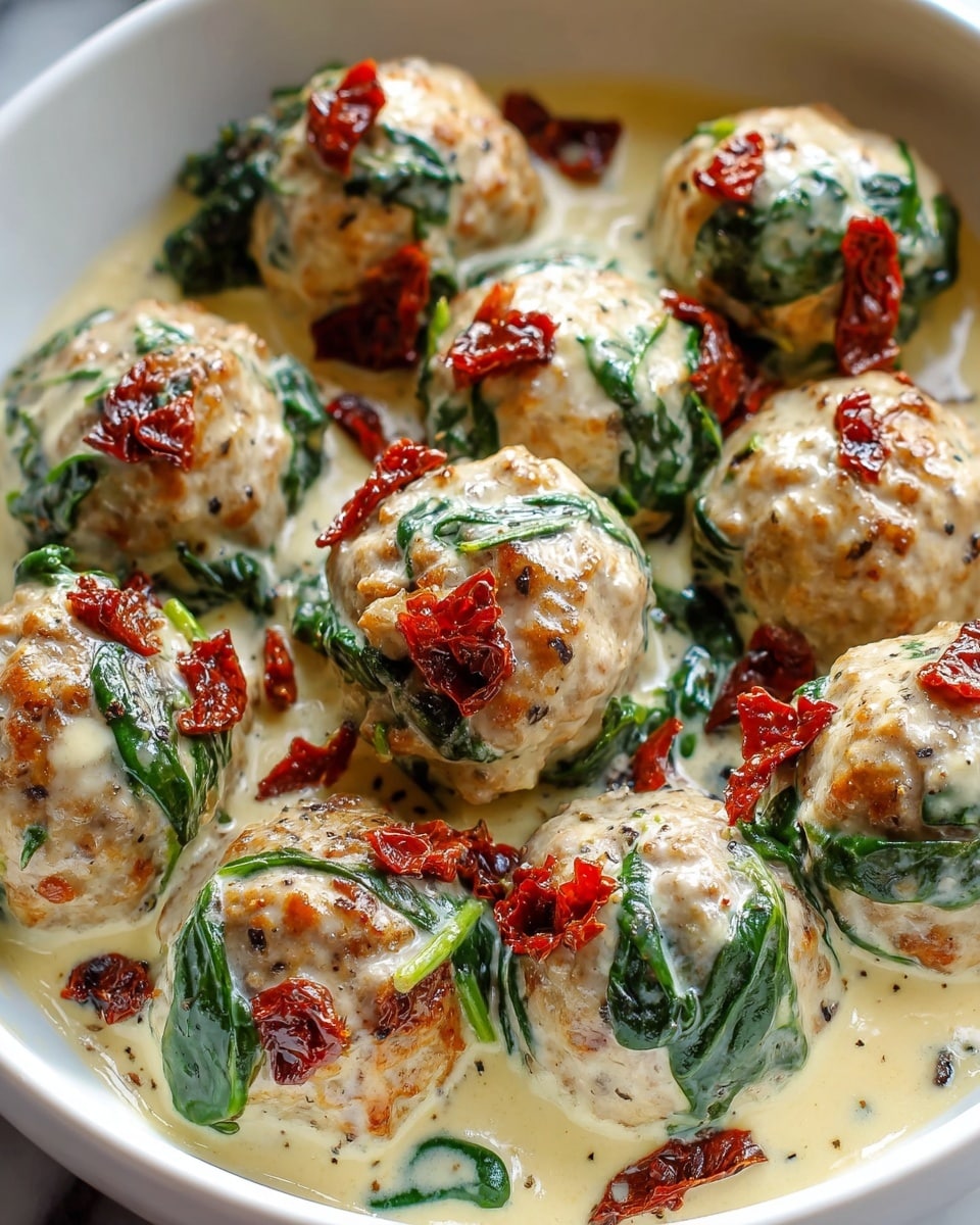 A metal pan holds about ten round, browned meatballs sitting in creamy white sauce with green spinach leaves mixed in. Each meatball has a slightly crispy golden-brown top with dollops of sauce on them. The sauce is thick and smooth, with visible black pepper and fresh herbs scattered around. The pan rests on a white marbled surface with a soft natural light highlighting the texture of the dish. photo taken with an iphone --ar 4:5 --v 7