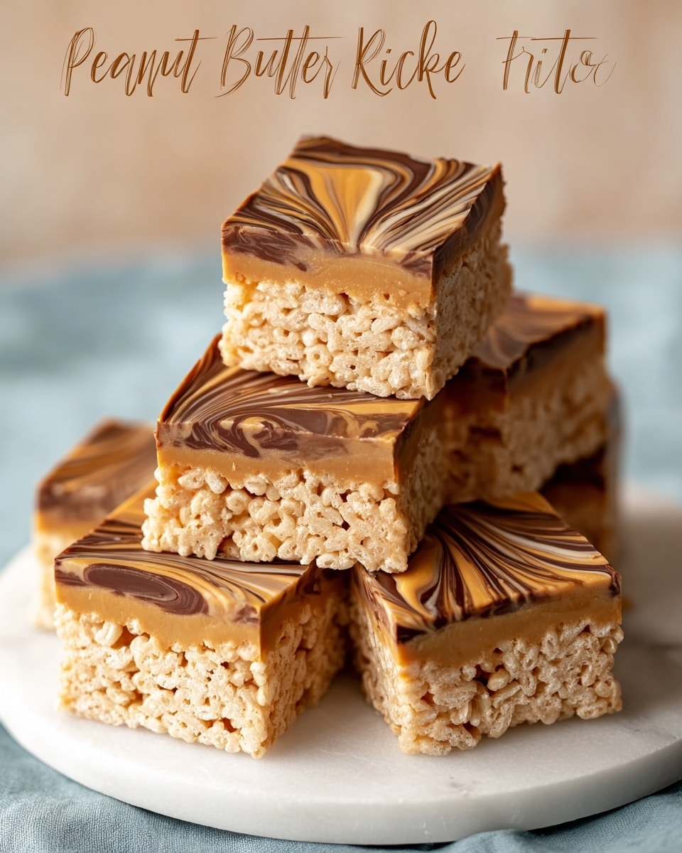 The image shows six square peanut butter rice krispie treats stacked on a white marbled surface. Each treat has two layers: the bottom layer is light tan with a crispy, puffy texture from the rice krispies, while the top layer is a smooth swirl of light brown peanut butter and dark brown chocolate, creating a marbled effect across the surface. The treats are arranged on a white plate, but the plate color is changed to white in the description. The top treat is slightly leaning, showing the thick, glossy top layer clearly. The background is softly blurred to keep the focus on the treats. Photo taken with an iphone --ar 4:5 --v 7