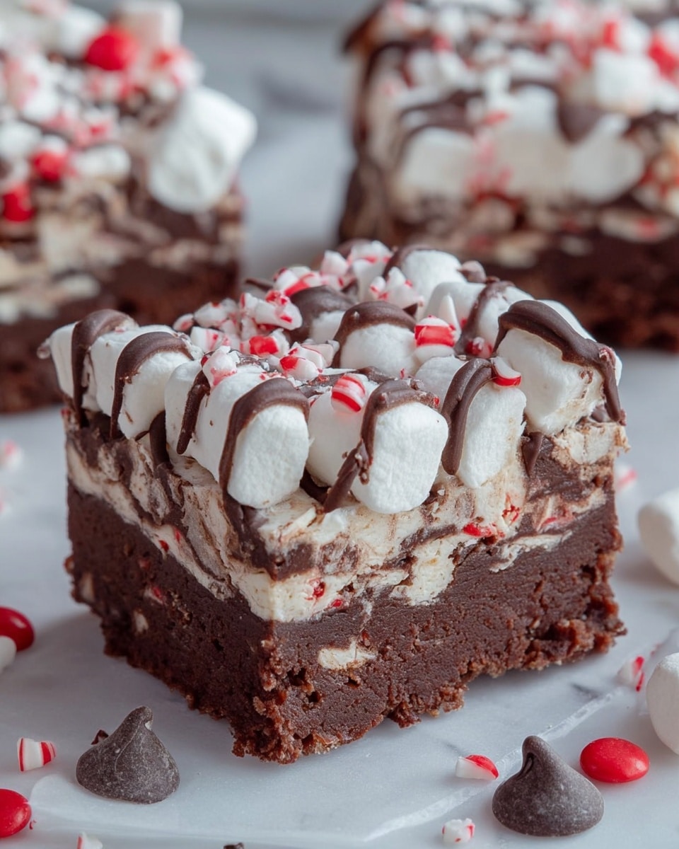 A thick, square layered dessert bar with three visible layers: the bottom layer is a dense, dark brown chocolate base with a slightly crumbly texture, the middle layer is a mix of chocolate and white bits giving a marbled feel, and the top layer is a fluffy white marshmallow topping scattered with small red and white candy pieces. Thin dark chocolate lines are drizzled over the marshmallows and candy pieces, creating a textured look. Small candy pieces and a chocolate chip sit around the bar on a white marbled surface. photo taken with an iphone --ar 4:5 --v 7