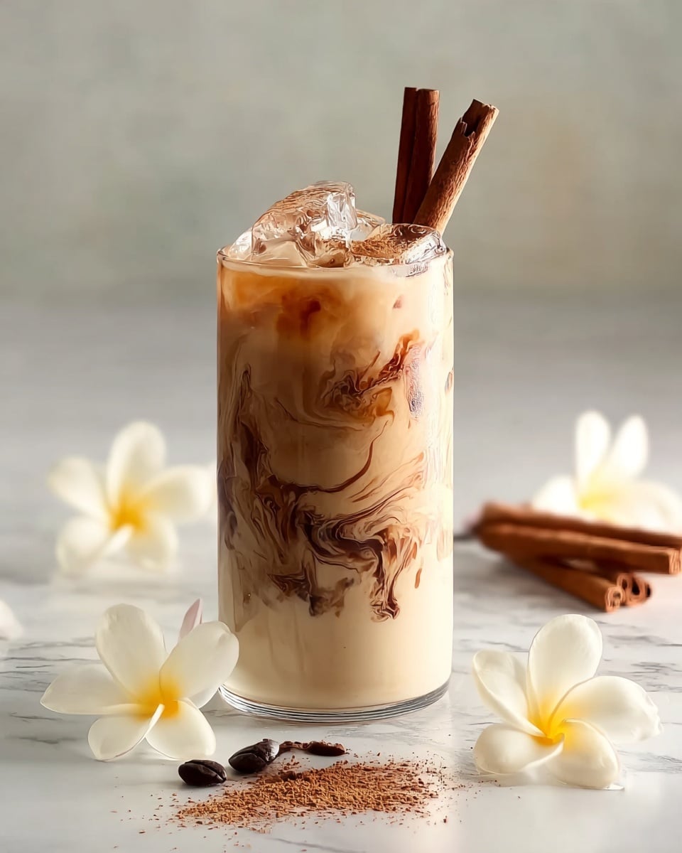 A tall clear glass filled with a creamy light beige iced drink has dark brown swirls running through it, creating an artistic pattern. The drink is topped with clear ice cubes sprinkled lightly with cinnamon powder. Two cinnamon sticks are placed upright on one side inside the glass. The glass sits on a white marbled surface surrounded by pale yellow and white flowers, a small mound of dark brown powder, and a few small brown cloves scattered nearby. The background is soft and neutral, bringing focus to the drink. photo taken with an iphone --ar 4:5 --v 7