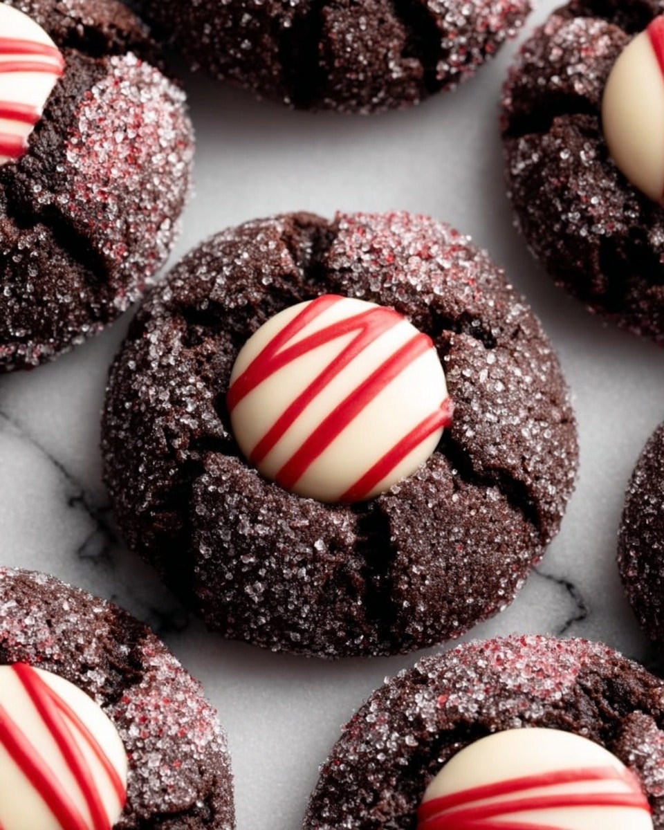 The image shows several dark chocolate cookies, each with a rough, sugar-coated texture on the surface. Each cookie has a single cream-colored candy piece in the center with smooth white and red stripes running vertically. The cookies are placed closely together on a white marbled surface, showing slight cracks and a soft, crumbly texture around the edges. Photo taken with an iphone --ar 4:5 --v 7
