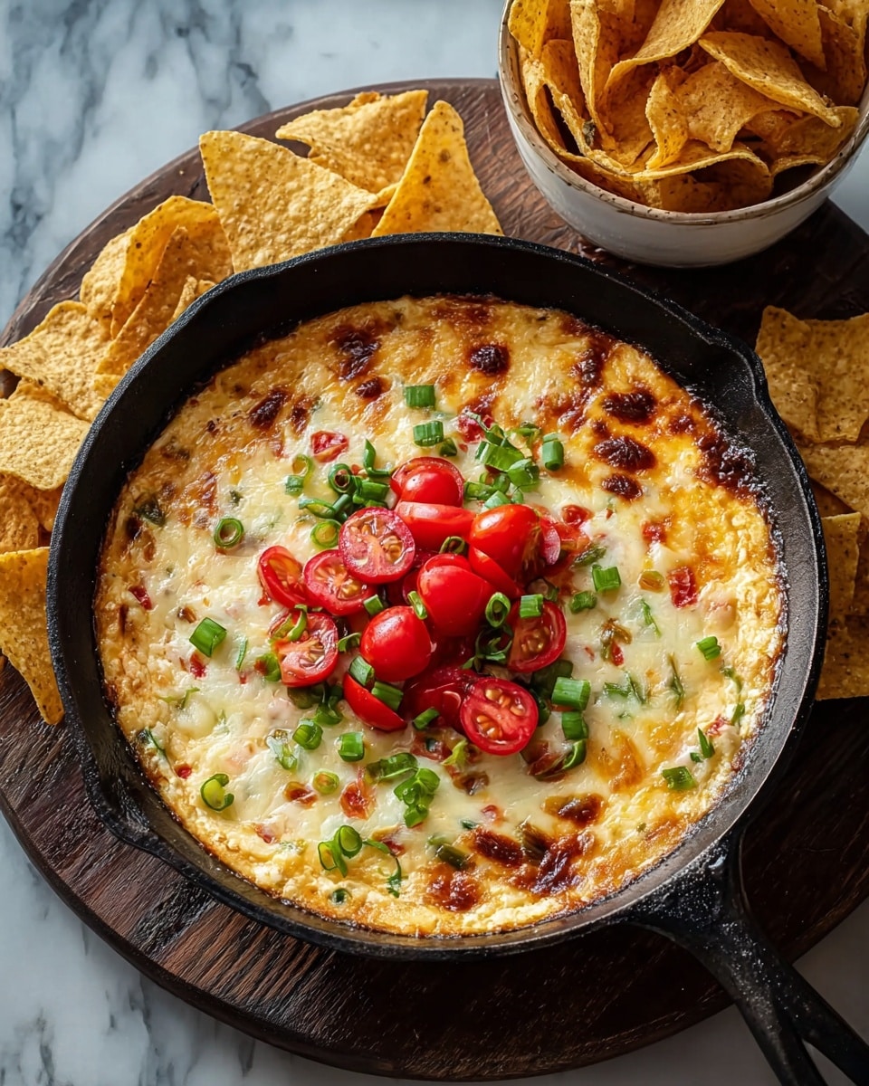 This image shows a cast iron skillet filled with a creamy, golden-brown baked dip with browned cheese all over the top. The dip has layers of white and light yellow melted cheese with scattered bits of red and green, likely vegetables. On top, there is a pile of bright red sliced cherry tomatoes and finely chopped green onions, adding fresh color. The skillet sits on a dark wooden board surrounded by triangular light brown tortilla chips, with more chips in a round white bowl above the skillet, all placed on a white marbled surface. photo taken with an iphone --ar 4:5 --v 7