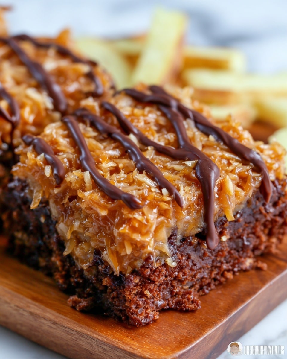 The image shows a single square piece of chocolate cake topped with a thick layer of caramel-colored sauce mixed with shredded coconut, creating a textured and slightly glossy surface. Two uneven lines of dark chocolate drizzle run across the top from left to right. The cake itself is dark brown with a moist and slightly crumbly texture visible at the bottom. It is placed on a white marbled surface, with some light-colored sliced pieces, possibly apples or chips, scattered around the cake in the background. Photo taken with an iphone --ar 4:5 --v 7