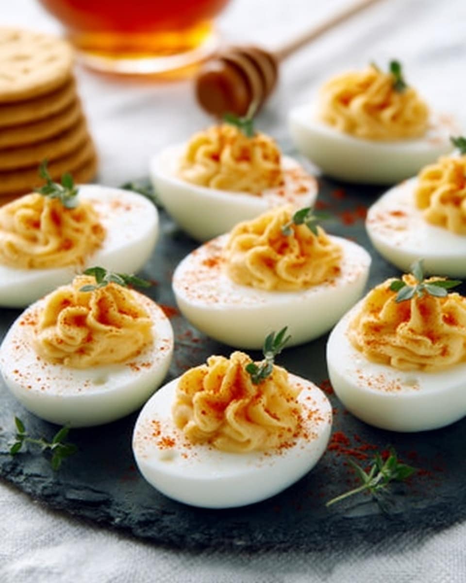 Six halved hard-boiled eggs are arranged on a black slate board placed on a white marbled textured cloth. Each egg shows a smooth, firm white outer layer and a creamy, light yellow yolk filling piped in a decorative swirl on top. The yolk layer is sprinkled with reddish paprika powder and garnished with small green herb sprigs, adding a fresh touch. In the background, a glass with amber liquid and stacked round crackers are slightly blurred, while a wooden honey dipper lies nearby. photo taken with an iphone --ar 4:5 --v 7