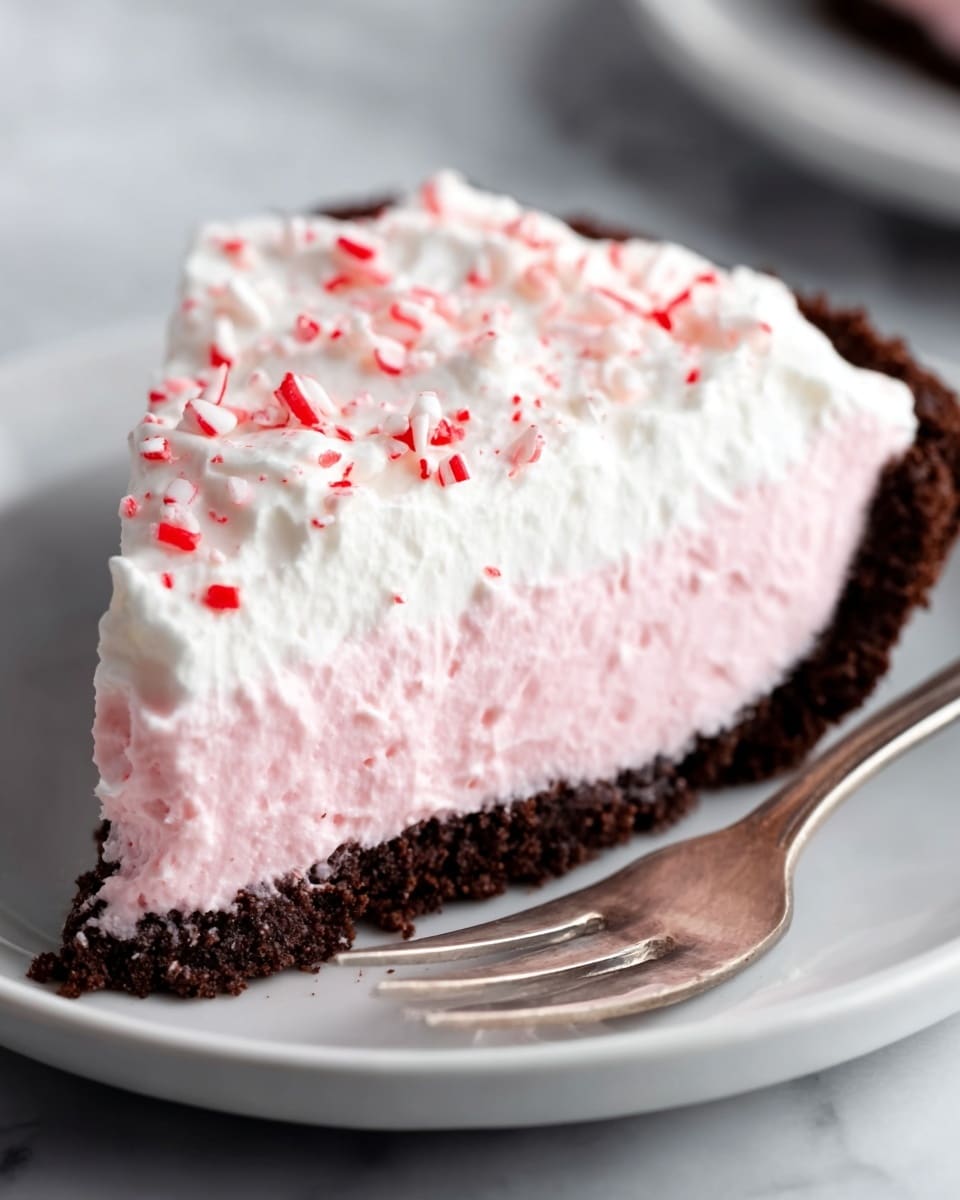 A single slice of pie with three visible layers sits on a white plate: the bottom layer is a dark chocolate crust with a rough texture, the middle layer is a thick, smooth light pink filling, and the top layer is white whipped cream with pink sprinkles scattered on top. A silver fork with a piece of pie on its tines rests beside the slice. The background is a white marbled surface. photo taken with an iphone --ar 4:5 --v 7