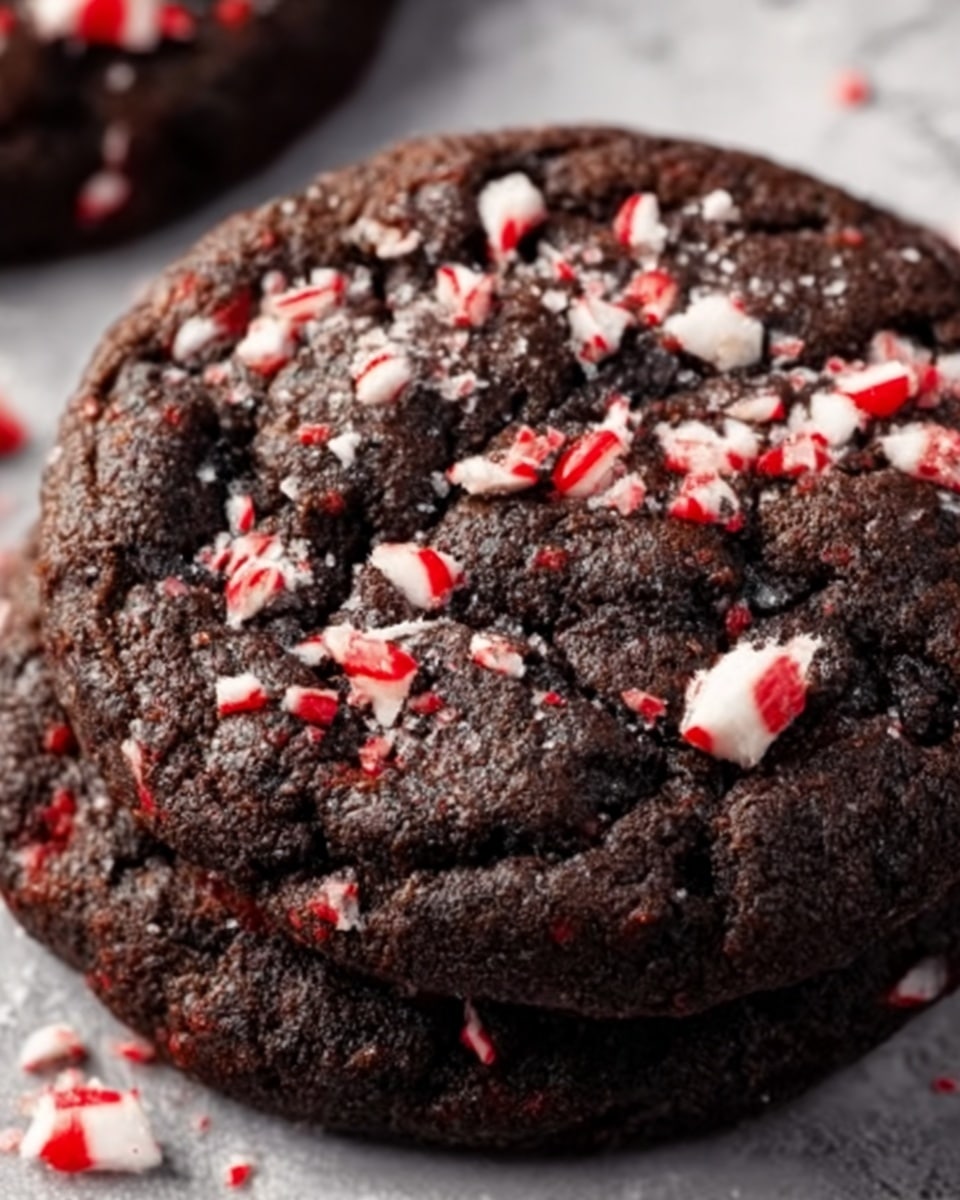 The image shows a close-up of two dark chocolate cookies stacked on a white marbled surface, each cookie rich in texture with a rough and cracked top. Embedded throughout the cookies are small pieces of red and white crushed candy canes, adding bright splashes of color against the deep brown dough. The candy cane bits vary in size, some finely crushed and some larger, scattered unevenly but generously over the surface. The cookies look moist and dense, with shiny cracks emphasizing their softness. Photo taken with an iphone --ar 4:5 --v 7