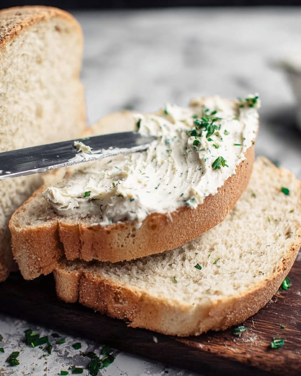 Three slices of light golden-brown bread are stacked, with the front slice partially covered by a thick layer of creamy white spread that has visible small green herb bits mixed in. A metal spreading knife rests on the right side of the front slice, partially coated with the spread. Small chopped green herbs are scattered on and around the bread, all placed on a brown wooden board set on a white marbled surface. Photo taken with an iphone --ar 4:5 --v 7