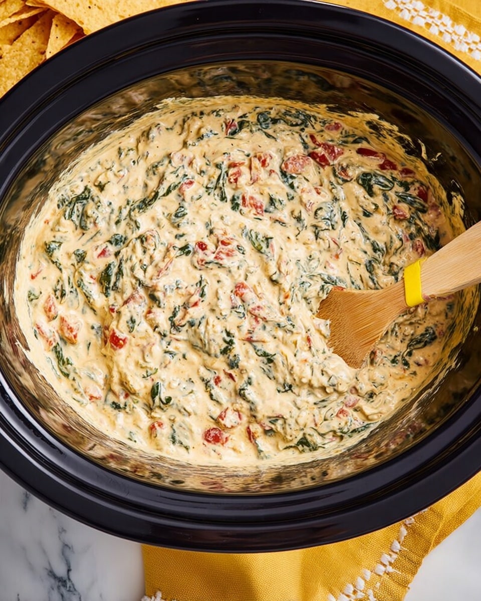 A large black slow cooker filled with a creamy dip that has a thick, smooth texture mixed with bits of green spinach and red diced tomatoes evenly spread throughout. A wooden spatula with a light handle and a yellow silicone tip is stirring the dip inside the cooker, resting on the left side. The slow cooker is set on a white marbled surface with a yellow cloth featuring a subtle white dotted line pattern underneath the front edge, and some tortilla chips are partially visible on the top edge of the image. Photo taken with an iphone --ar 4:5 --v 7
