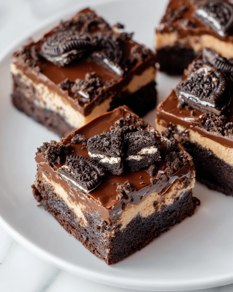 The image shows close-up of three square chocolate brownies arranged on a white plate. Each brownie has three layers: the bottom layer is a dark, dense brownie base, the middle layer is a lighter tan cream or cheesecake layer, and the top layer is a shiny, smooth chocolate glaze topped with crumbled pieces of chocolate sandwich cookies. The cookies have a rough texture with both dark cookie parts and lighter cream filling visible. The brownies look moist and rich, with the cookie crumbs scattered unevenly across the chocolate surface. The white plate rests on a white marbled surface. Photo taken with an iphone --ar 4:5 --v 7