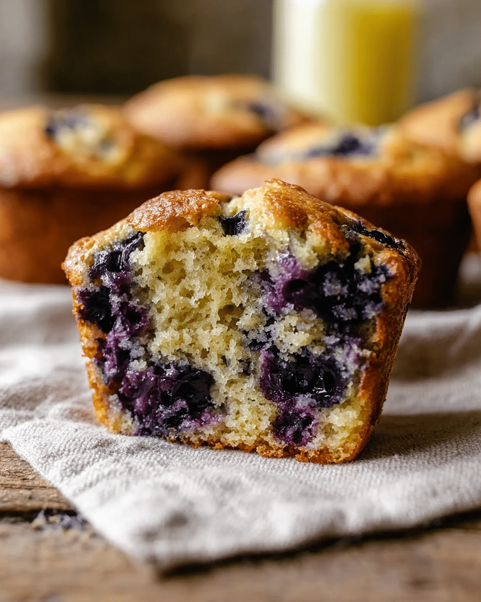 A close-up view of a blueberry muffin cut in half, showing one distinct layer of soft, moist light yellow cake filled with dark purple blueberries spread throughout. The top edge is golden brown with a slightly crispy texture, featuring some visible blueberries near the surface. The muffin is placed on a light beige linen cloth over a worn wooden table, with more muffins blurred in the soft background. Photo taken with an iphone --ar 4:5 --v 7