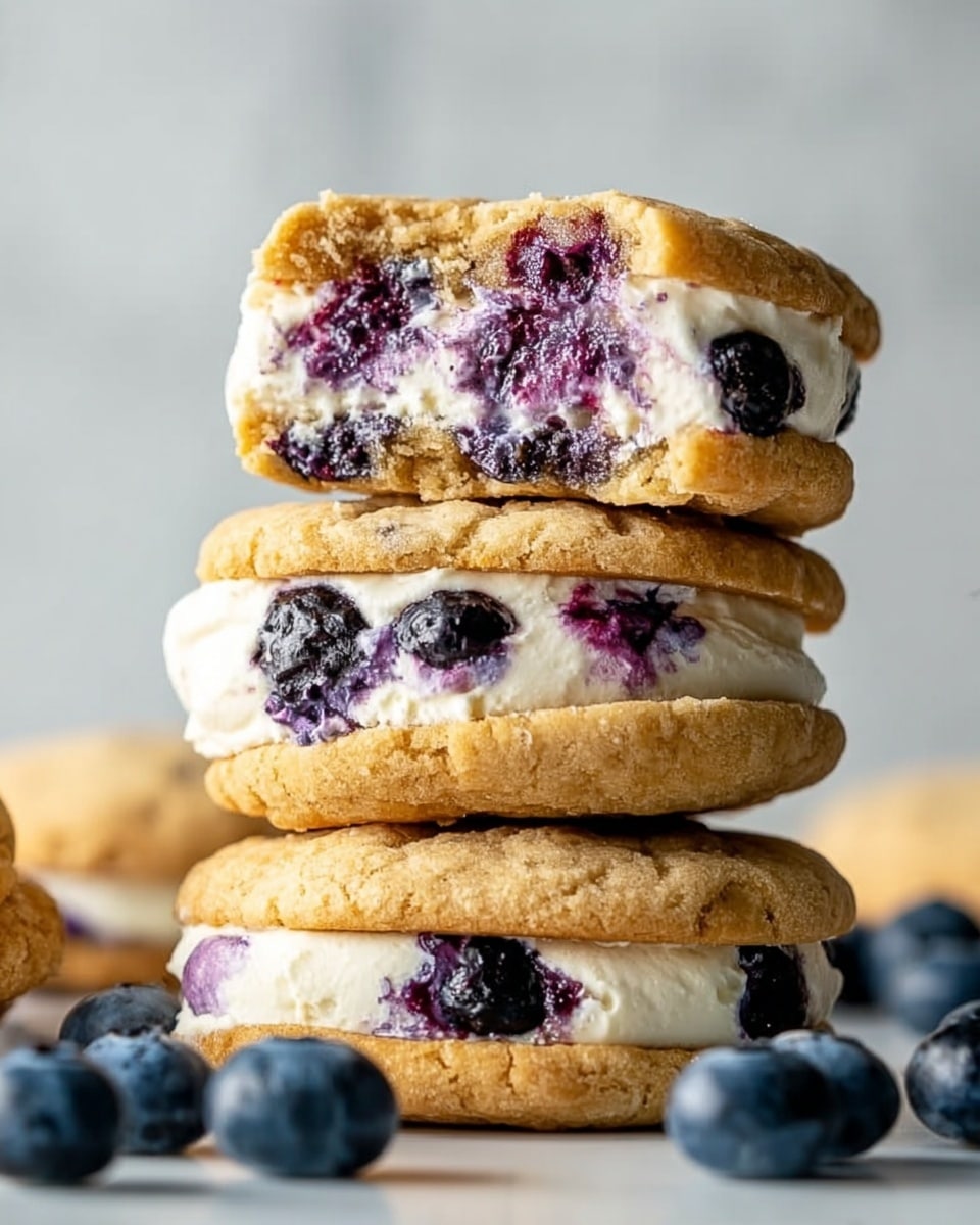 The image shows a stack of four thick cookies with a crumbly golden-brown exterior and a soft, creamy white cream cheese filling inside. Each cookie layer reveals whole dark purple blueberries mixed into the filling, some bursting and releasing juice that colors parts of the cream light purple. The background is a smooth white marbled surface with scattered fresh blueberries around the base of the cookie stack. The lighting highlights the soft texture of the cream and the slightly cracked cookie edges, making the layers and colors stand out clearly. Photo taken with an iphone --ar 4:5 --v 7