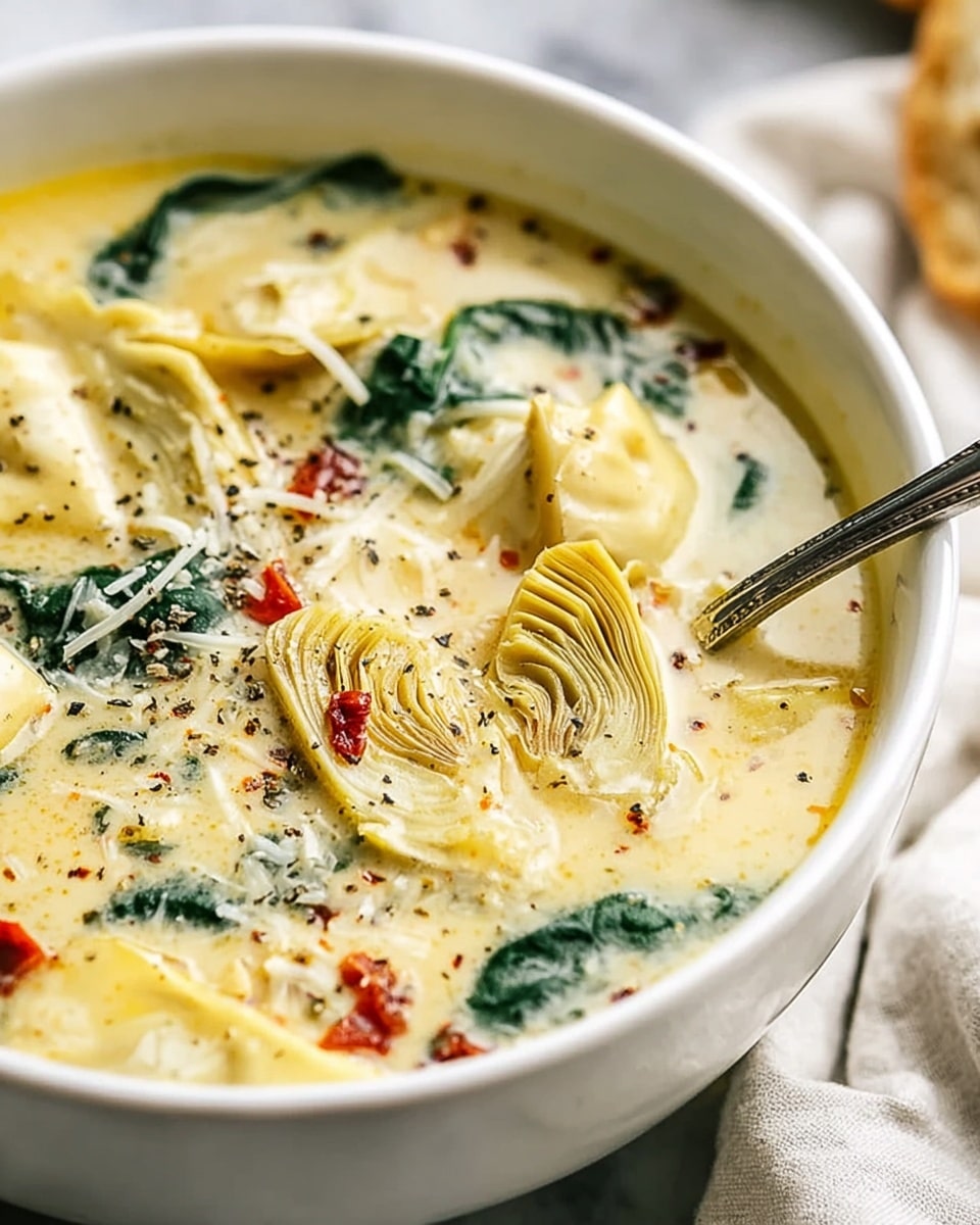 A close-up view of a creamy soup served in a white bowl, filled with layers of light yellow broth that looks thick and smooth, small pieces of green spinach leaves floating on top, slices of pale artichoke hearts with layered texture, and small red diced bits that add a pop of color. The soup is sprinkled with black pepper and melted shredded cheese, with a silver spoon dipping into it from the right side. The bowl is placed on a white marbled surface with a soft cloth beneath it, creating a cozy and inviting look. Photo taken with an iphone --ar 4:5 --v 7